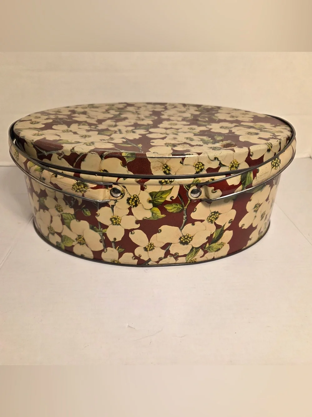 Vintage Dogwood Flower Metal Tin With Handles White Brown Sewing Basket